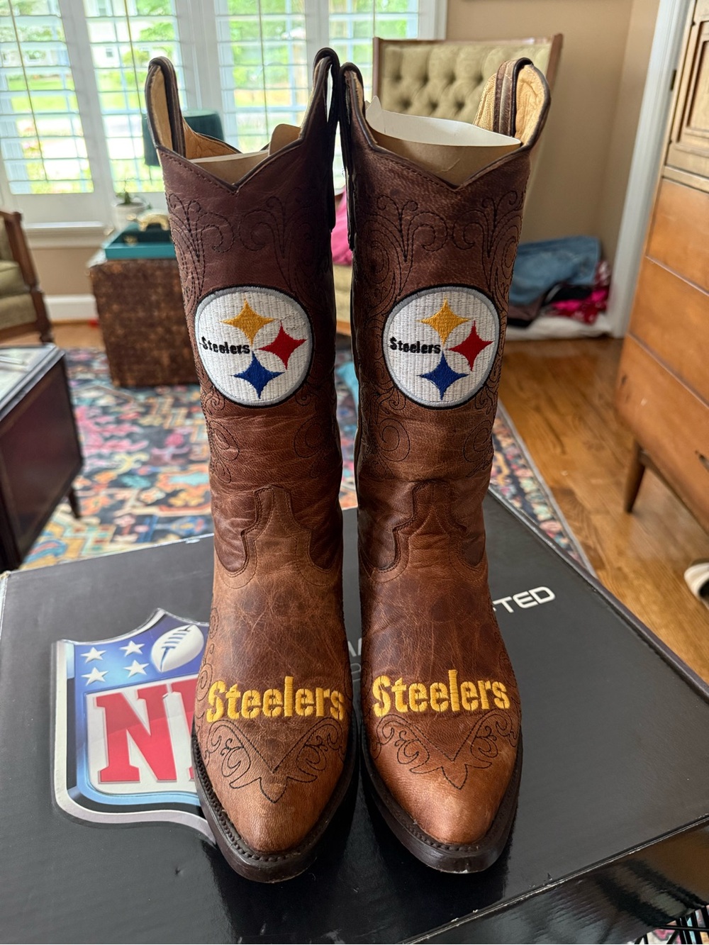 WmSz 10 Old Pro Leather Pittsburgh Steelers Tan Brown Cowboy Boots-Official NFL - Picture 2 of 9
